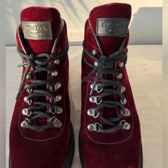 prada burgundy velvet hiker boots🥀 - Picture 6 of 13